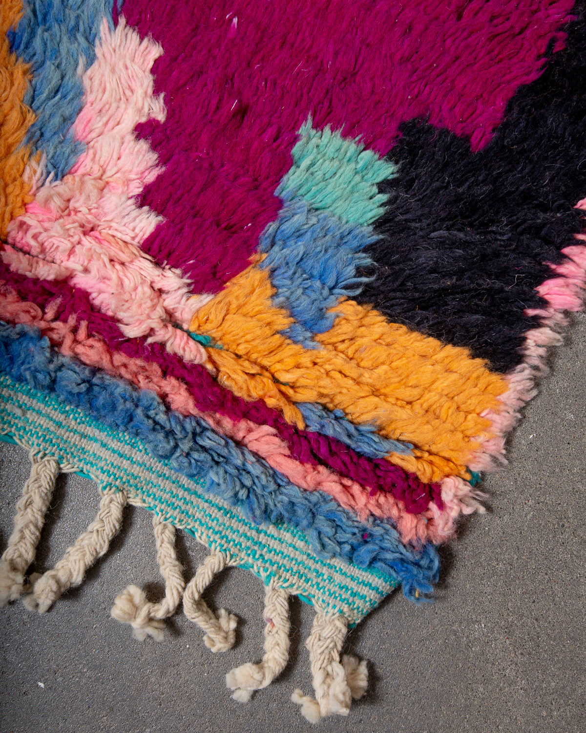 Modern, designer, handcrafted Berber rug from Morocco. Vintage carpet with beautiful colours and patterns and fluffy texture.